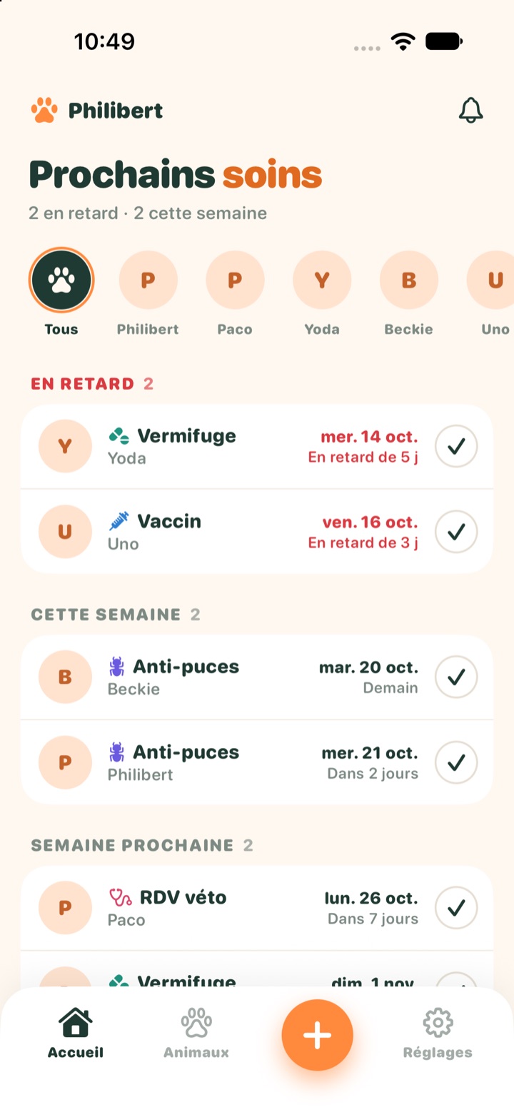 Écran d’accueil de Philibert : prochains soins groupés par échéance